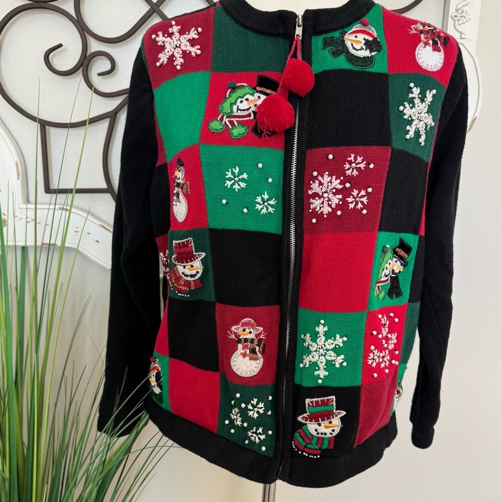 BASIC EDITIONS Size Large Ugly Christmas Cardigan Zip Up Sweater